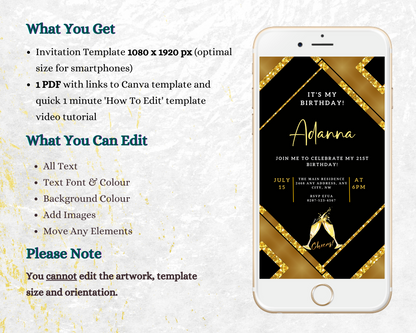 Gold and black glitter champagne-themed editable party evite, customizable via Canva for digital invitations, includes champagne glasses and elegant design elements.