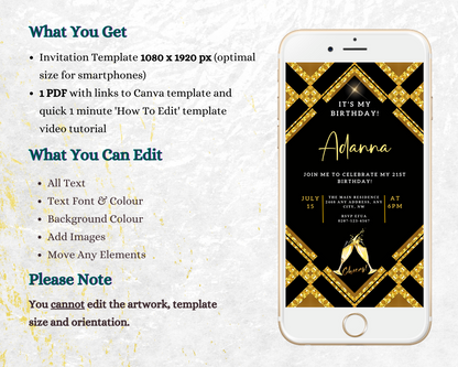 Customisable Gold Black Sparkle Birthday Evite displayed on a smartphone, showcasing editable invitation template for easy personalization via Canva.