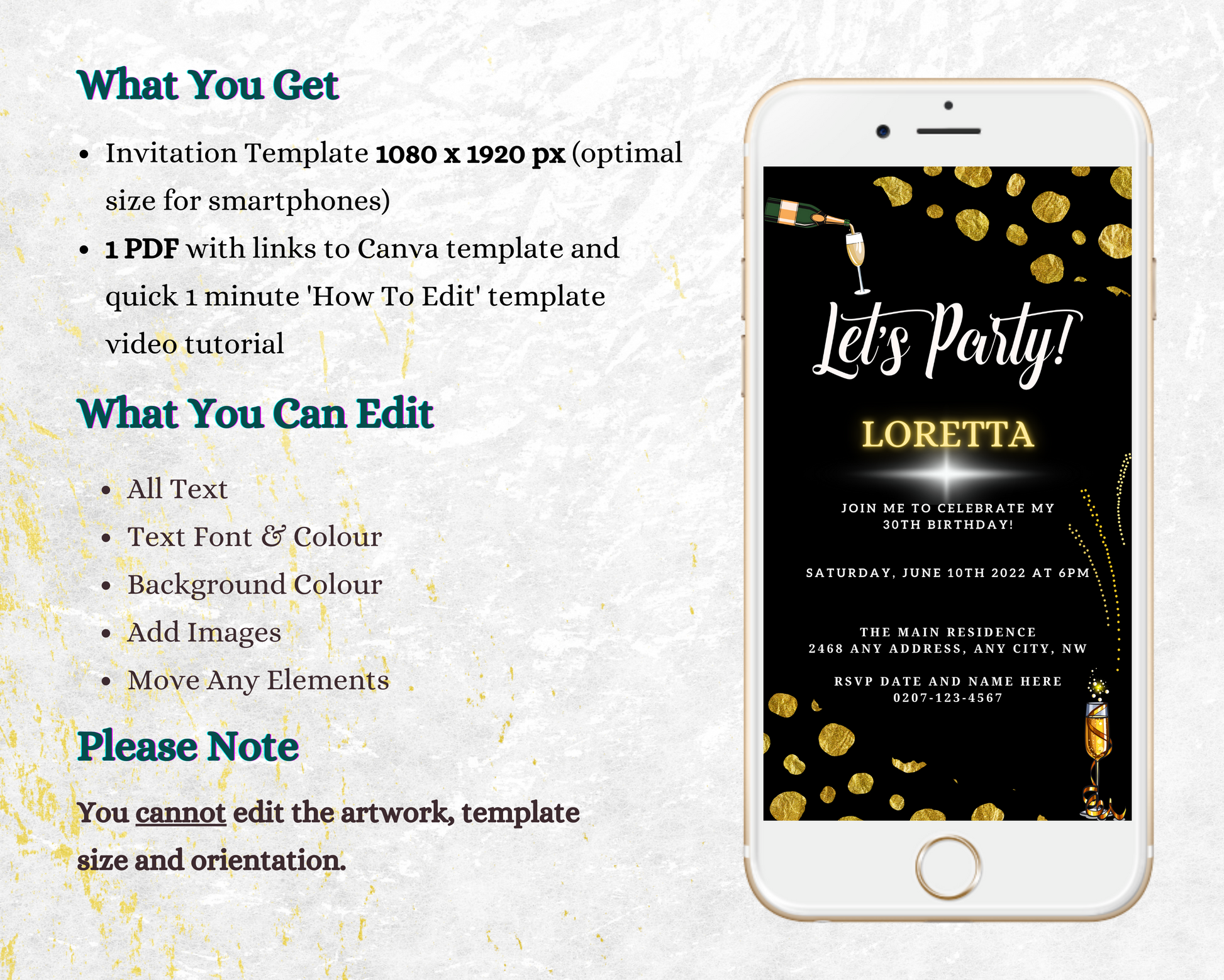 Black Leopard Gold customizable party evite displayed on a smartphone screen, featuring editable text and design elements for personalized digital invitations.