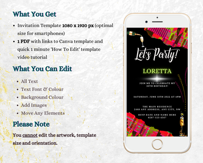 Pink Green African Kente Customisable Party Evite displayed on a smartphone screen, ready for personalisation using Canva.