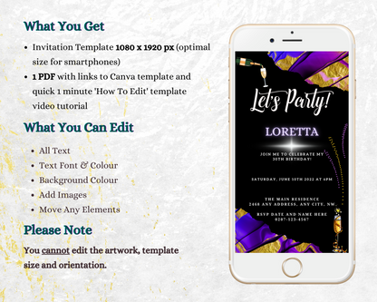 Purple Gold Ankara Customisable Party Evite displayed on a smartphone screen, ready for editing and electronic sharing via messaging apps.