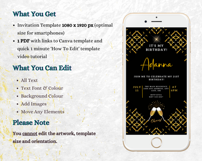 African Gold Black Sparkle Customisable Birthday Evite displayed on a smartphone screen, showcasing editable text and design elements for personalisation through Canva.