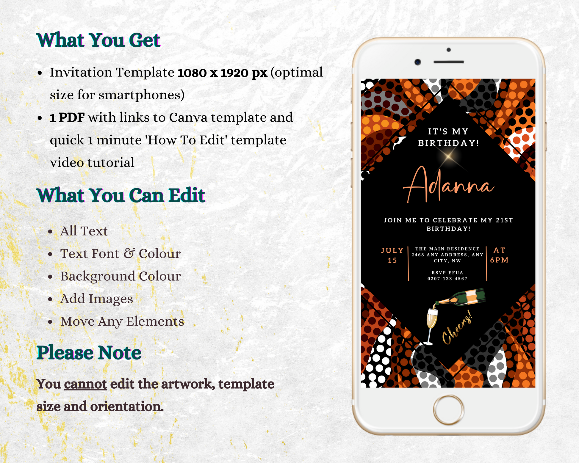 Editable Orange Black African Ankara Party Evite displayed on a smartphone screen, showcasing customizable event details. Downloadable and editable via Canva for easy sharing.