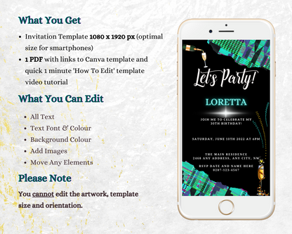 Customisable digital invitation template displayed on a smartphone screen, showcasing editable Teal Black African Kente design for various events.