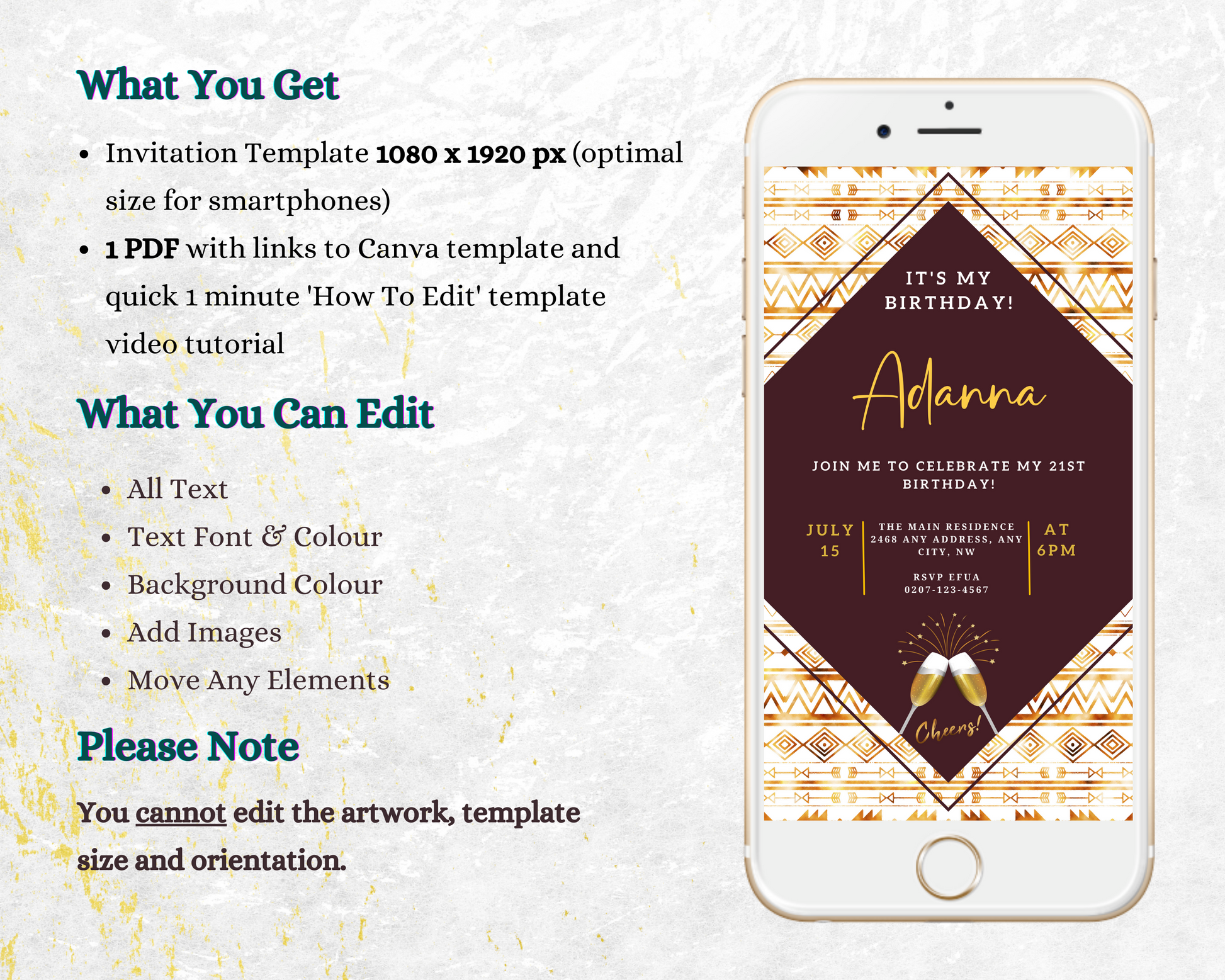 Beige White African Ankara Editable Party Evite displayed on a smartphone screen, surrounded by various text elements and design details.