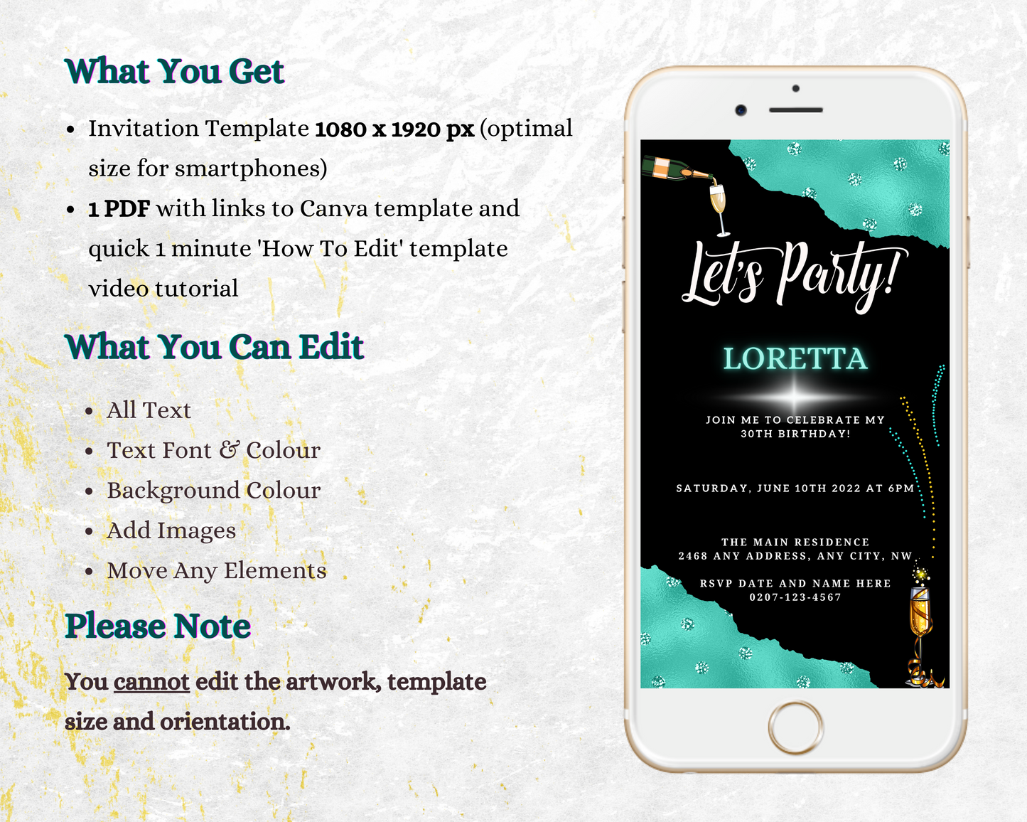 Black Teal Diamond Sparkle Customisable Party Evite displayed on a smartphone screen, showcasing editable invitation text and design elements.