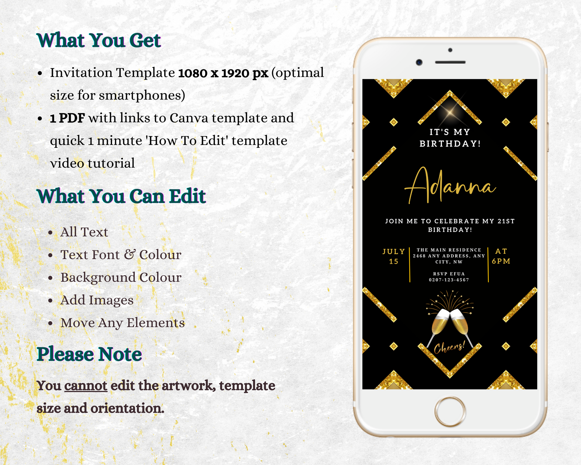 Gold Black Sparkle Editable Party Evite displayed on a smartphone screen, showcasing a customizable digital invitation template with gold sparkles and black accents.