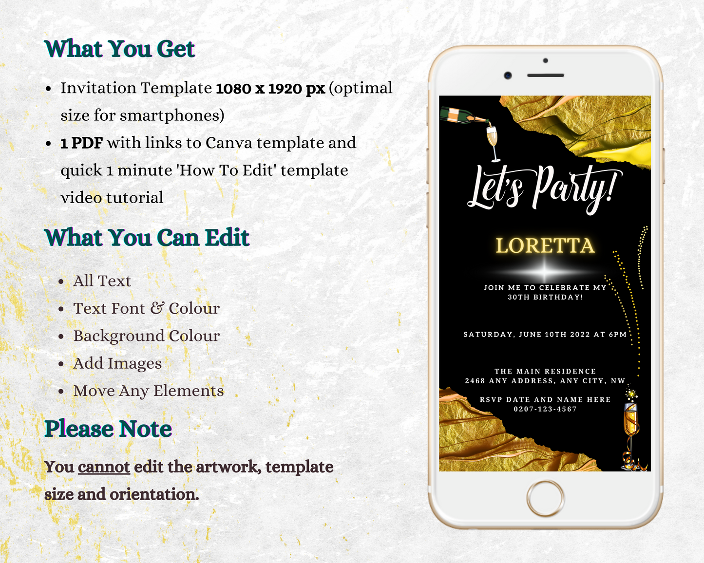 Gold Black Ankara customisable party evite displayed on a smartphone screen alongside editable elements, including text and invitation details, ready for personalization via Canva.