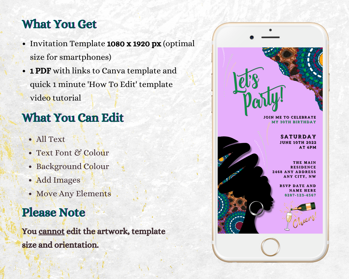 Purple Ankara African Woman Silhouette | Editable Party Evite: A customizable digital invitation featuring an African woman silhouette with a colorful headdress, designed for smartphones.