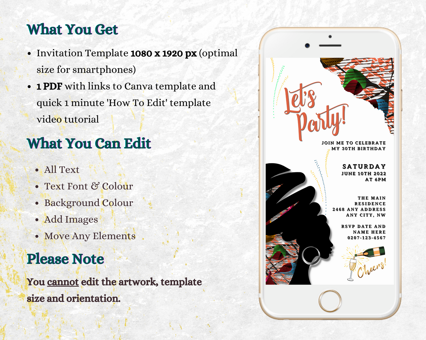 Digital invitation template featuring a purple Ankara African woman silhouette, customizable for events via Canva, displayed on a smartphone screen.