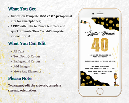 Customizable 40th birthday evite displayed on a smartphone screen with editable text and images, featuring a white leopard pattern and gold accents.