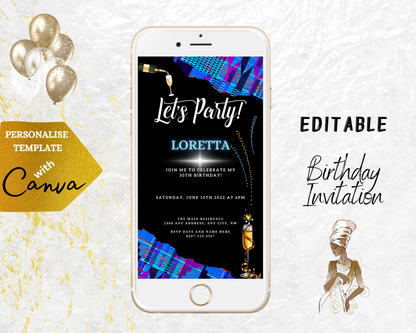 Editable Blue Purple African Kente Birthday Party Evite displayed on a white smartphone, showcasing customizable text and graphics for personalizing event invitations digitally.