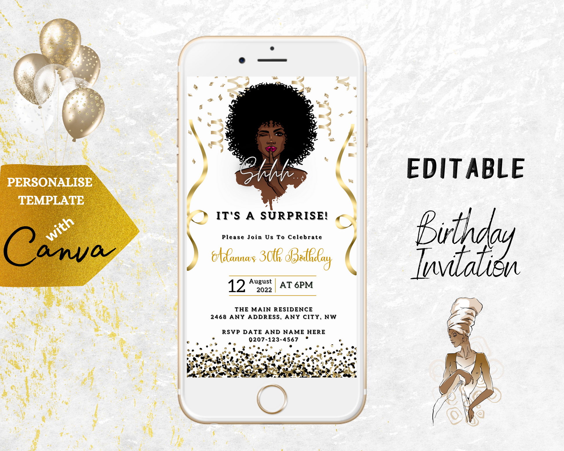 Smartphone displaying Afro Girl Magic Surprise | Editable Party Evite with balloons and a woman in a towel on the screen.