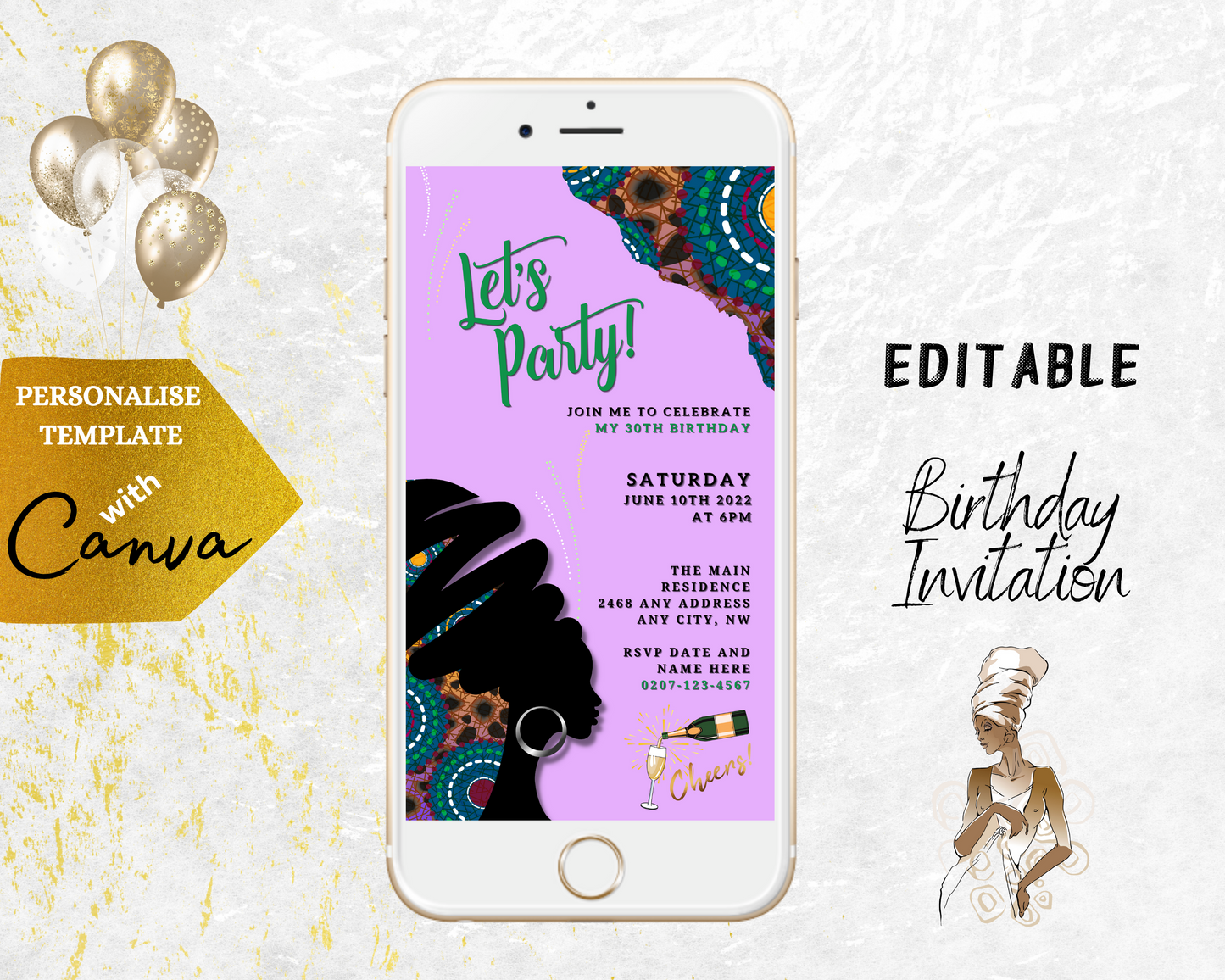 Purple Ankara African Woman Silhouette editable party e-vite displayed on a smartphone, showcasing customizable text and design for digital invitations via Canva.