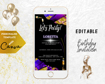 Purple Gold Ankara Customisable Party Evite on a white phone screen, featuring a black and purple design for digital invitations.