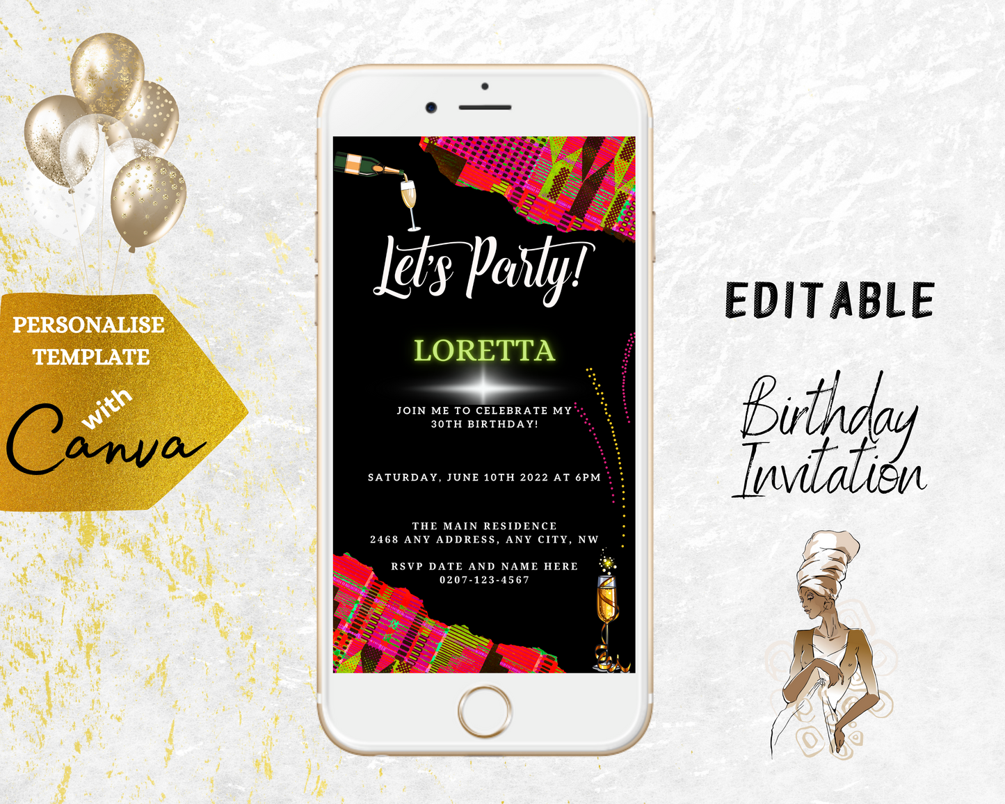 White smartphone displaying Pink Green African Kente | Customisable Party Evite template with editable text, designed for easy personalization via Canva for digital invitations.