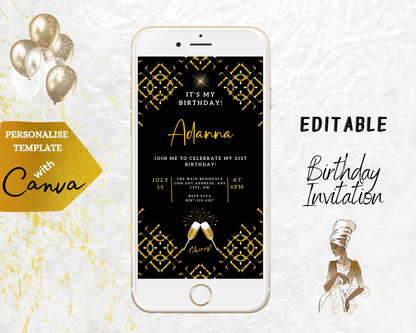 African Gold Black Sparkle Customisable Birthday Evite displayed on a white smartphone screen, showcasing editable text and design elements for personalisation via Canva.