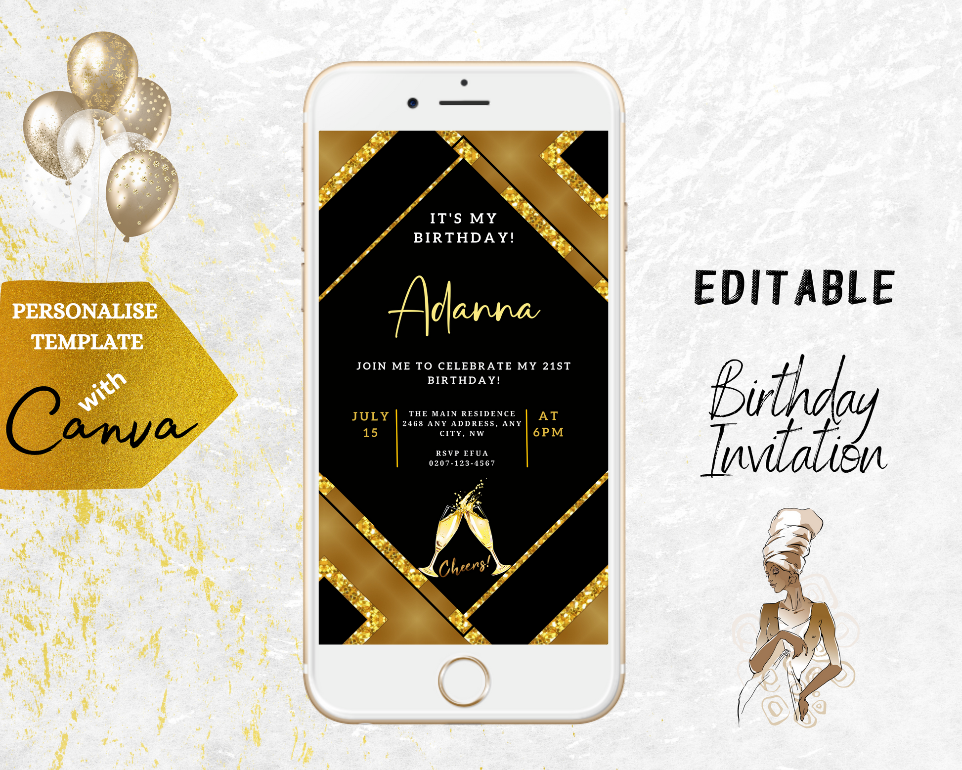 Gold Black Glitter Champagne Editable Party Evite displayed on a white smartphone, showcasing customizable text and elegant design elements for digital invitations.