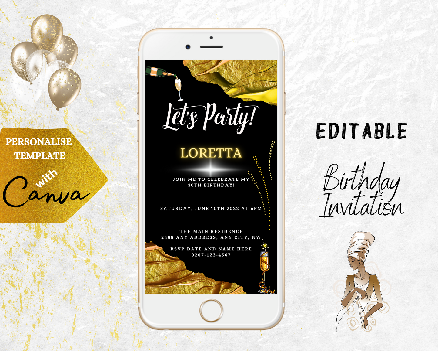 Gold Black Ankara Customisable Party Evite displayed on a smartphone with gold and black invitation design elements, editable via Canva.