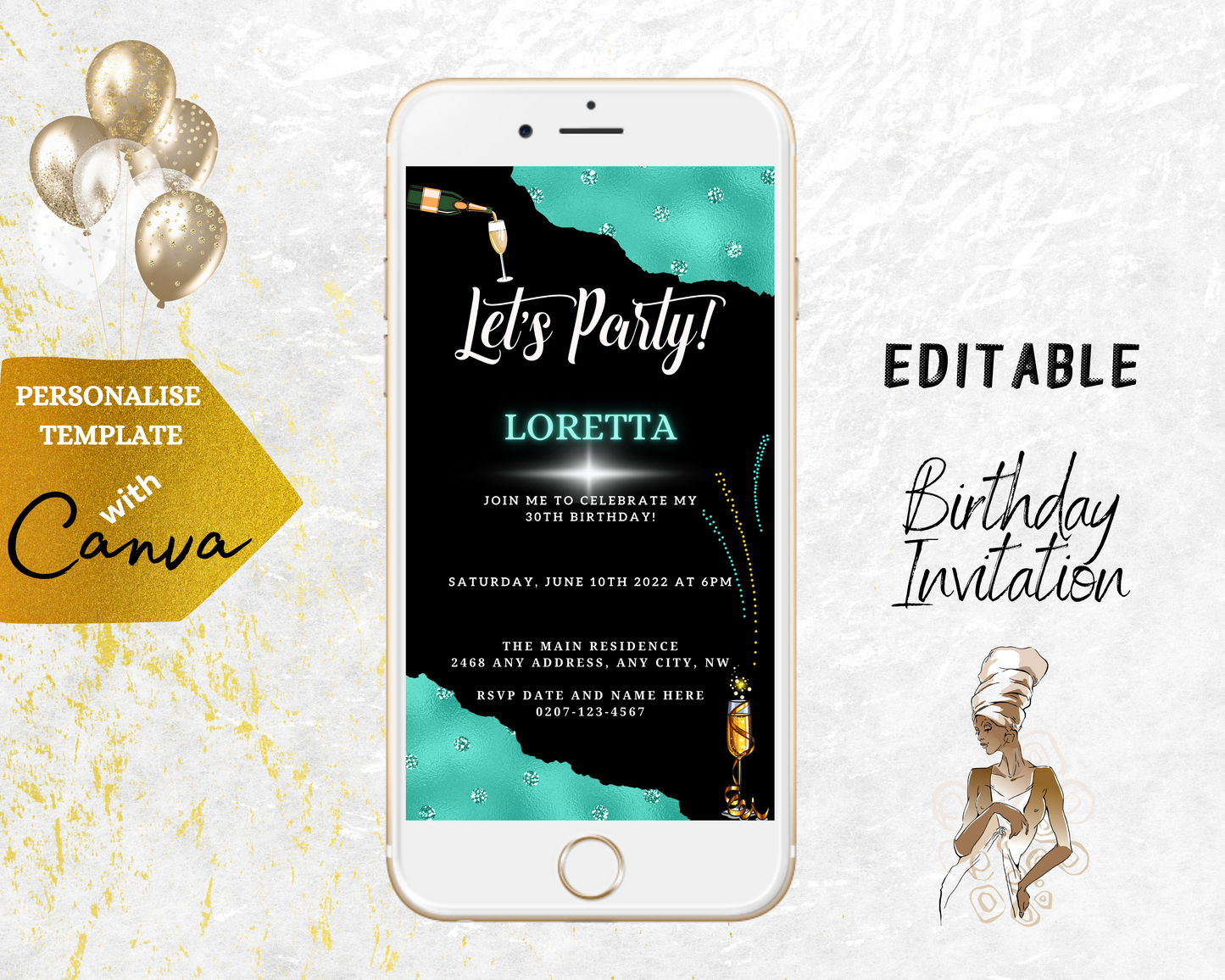 Black Teal Diamond Sparkle Customisable Party Evite displayed on a white smartphone, showcasing editable invitation details for various occasions using Canva.