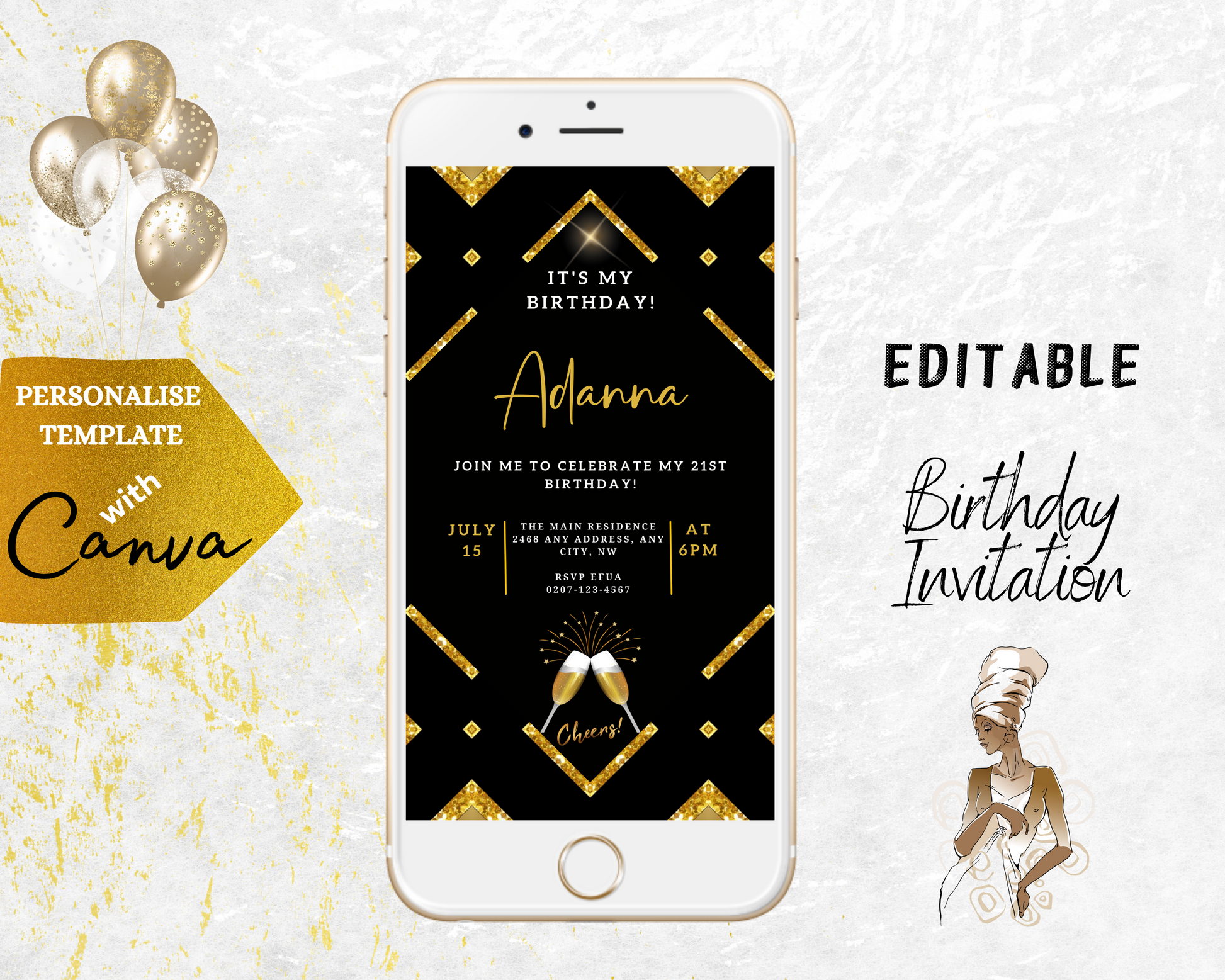 Gold Black Sparkle Editable Party Evite displayed on a white cell phone screen with customizable text and design elements for digital invitations.