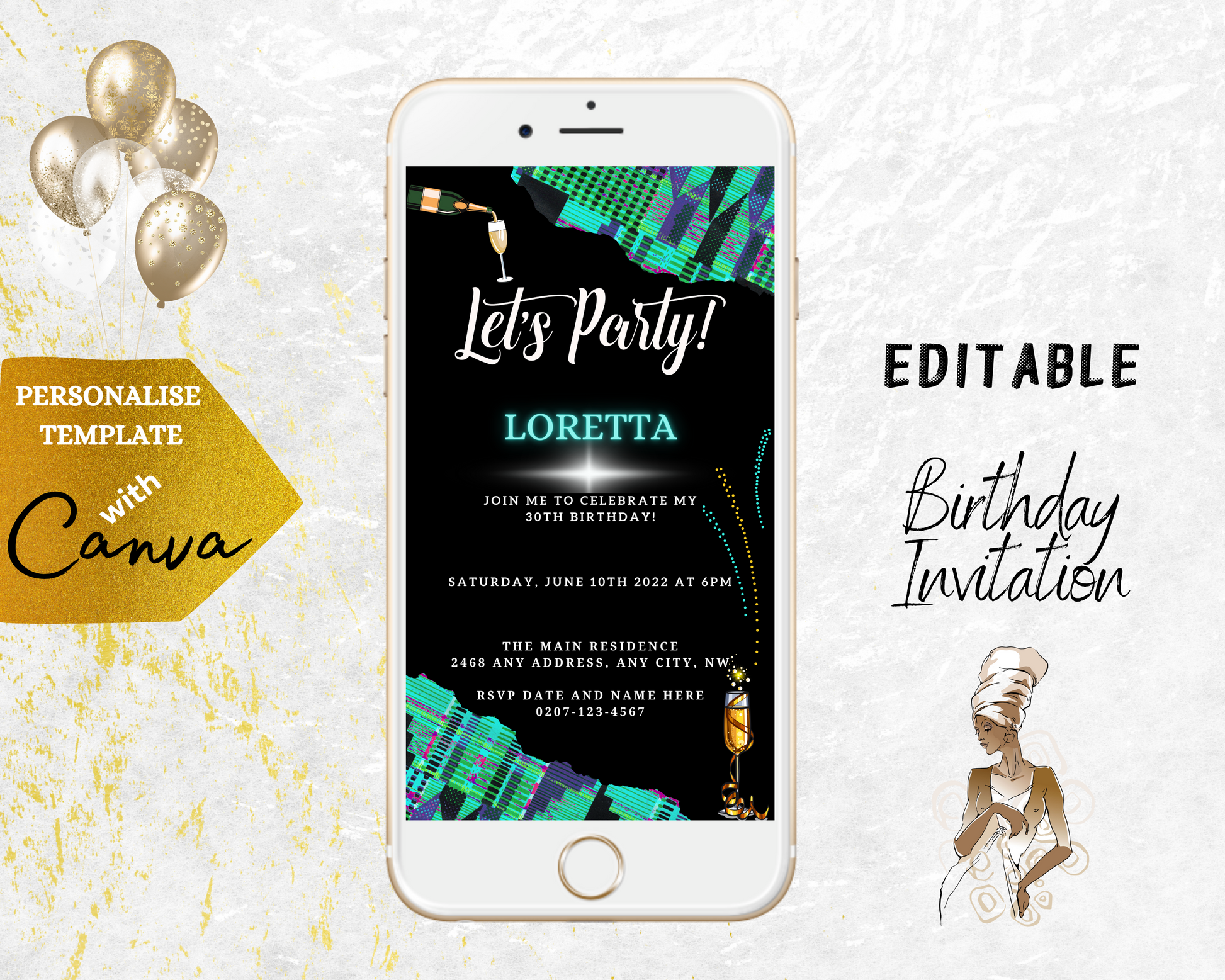 Teal Black African Kente Customisable Party Evite displayed on a smartphone, inviting users to personalize and send electronically using Canva.