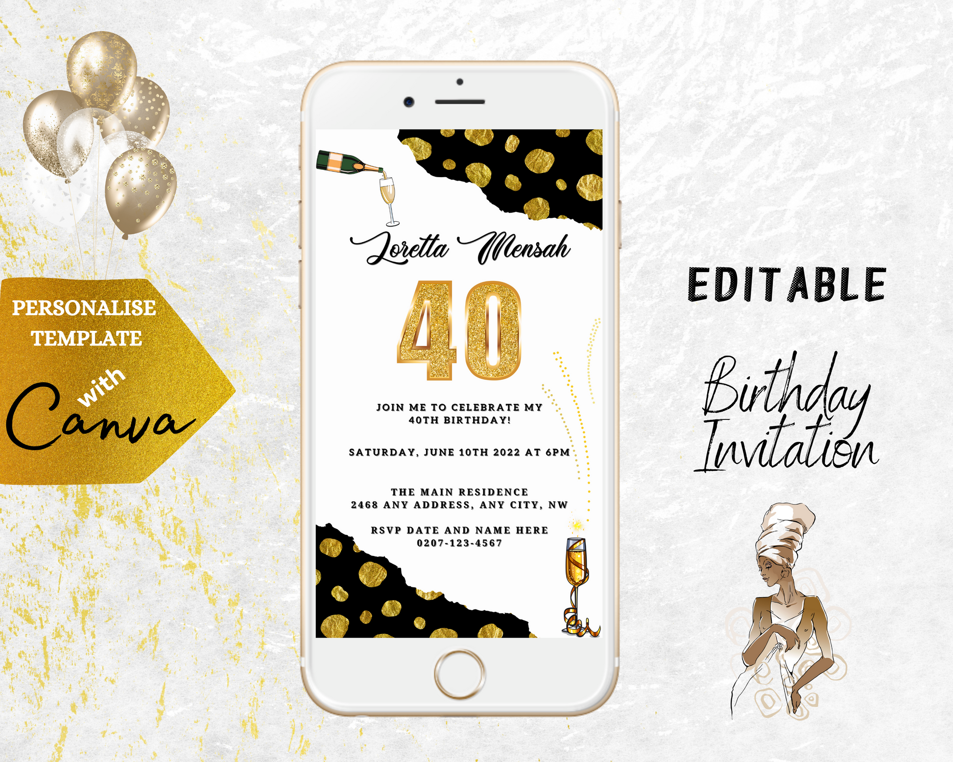 White Leopard Gold Black Customisable 40th Evite displayed on a smartphone, highlighting editable text, gold accents, and downloadable invitation template for various occasions.