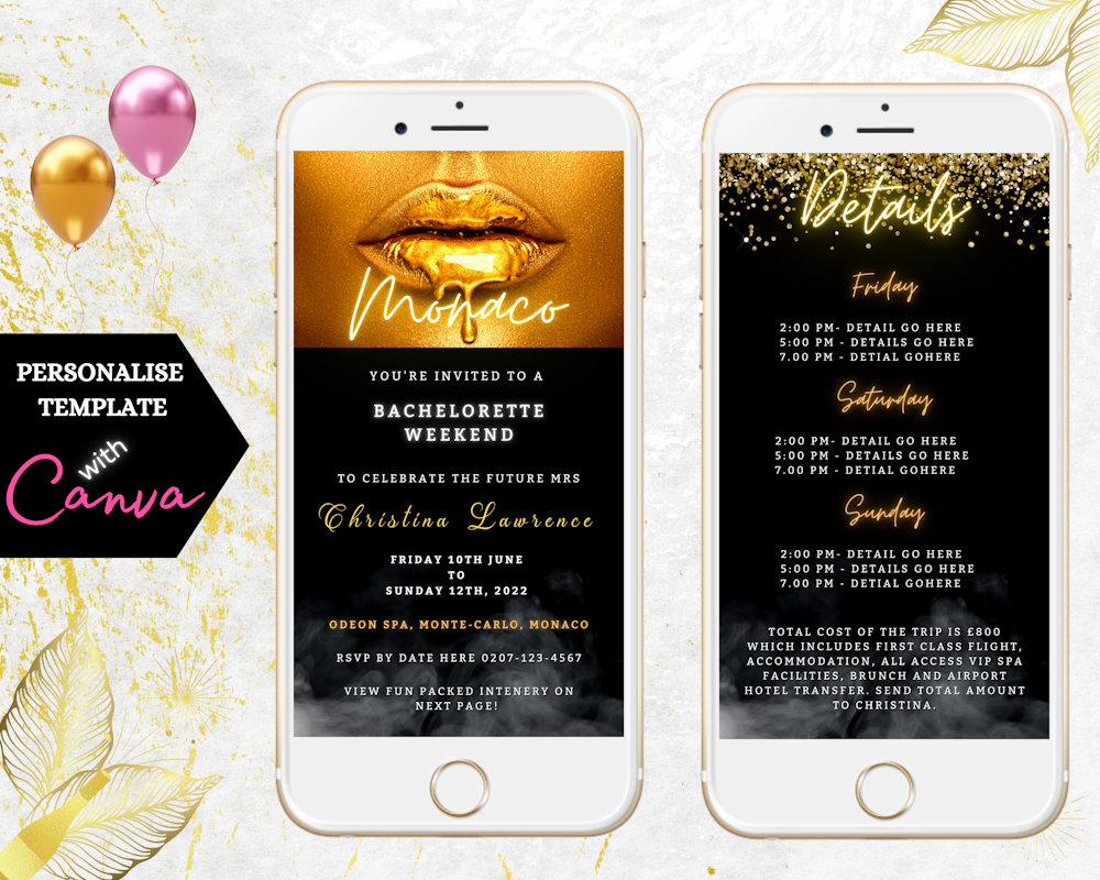 Customizable digital invitation template featuring two smartphones displaying a Smoking Gold Hot Lips Neon design for Bachelorette Weekend Party. Instantly downloadable and editable via Canva.