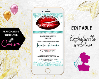 Customisable Red Hot Lips Bachelorette Party Evite shown on a white smartphone screen, featuring editable text and graphics for easy digital event invitations via Canva.