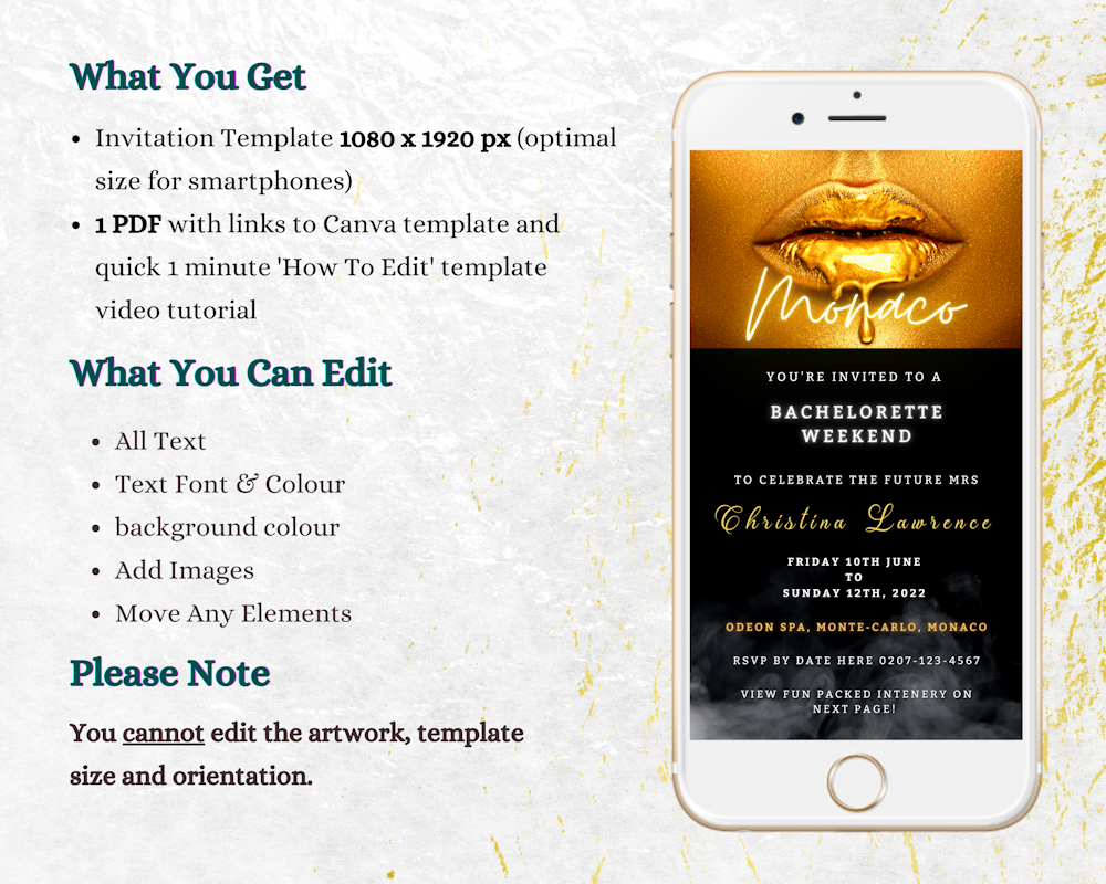 A customizable digital invitation featuring a cellphone with gold lips, ideal for bachelorette parties. Instantly downloadable and editable via Canva for easy sharing.