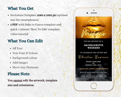 A customizable digital invitation featuring a cellphone with gold lips, ideal for bachelorette parties. Instantly downloadable and editable via Canva for easy sharing.