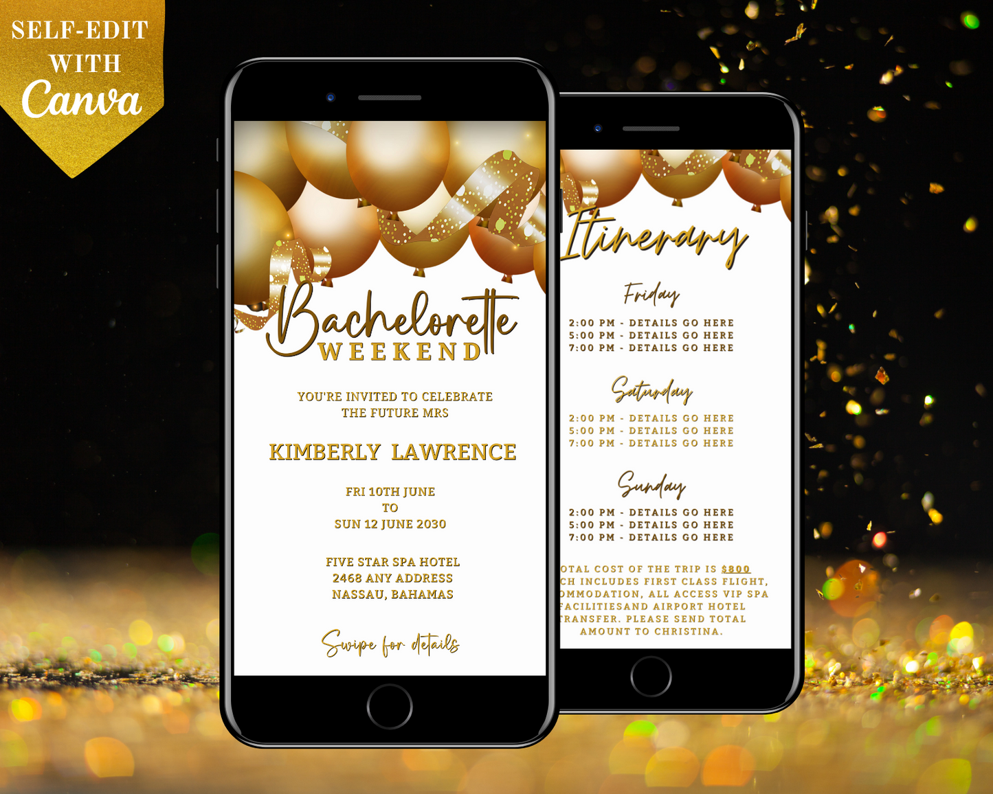 Customisable Gold Floating Balloons | Bachelorette Weekend Evite displayed on smartphones, showcasing the template's design and personalization options for digital invitations.