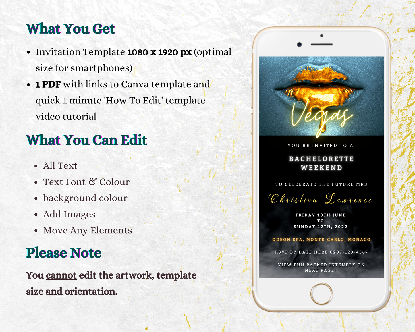 Customizable digital invitation with image of gold-painted lips, designed for Bachelorette Weekend. Editable in Canva, suitable for smartphones. Download and personalize easily.
