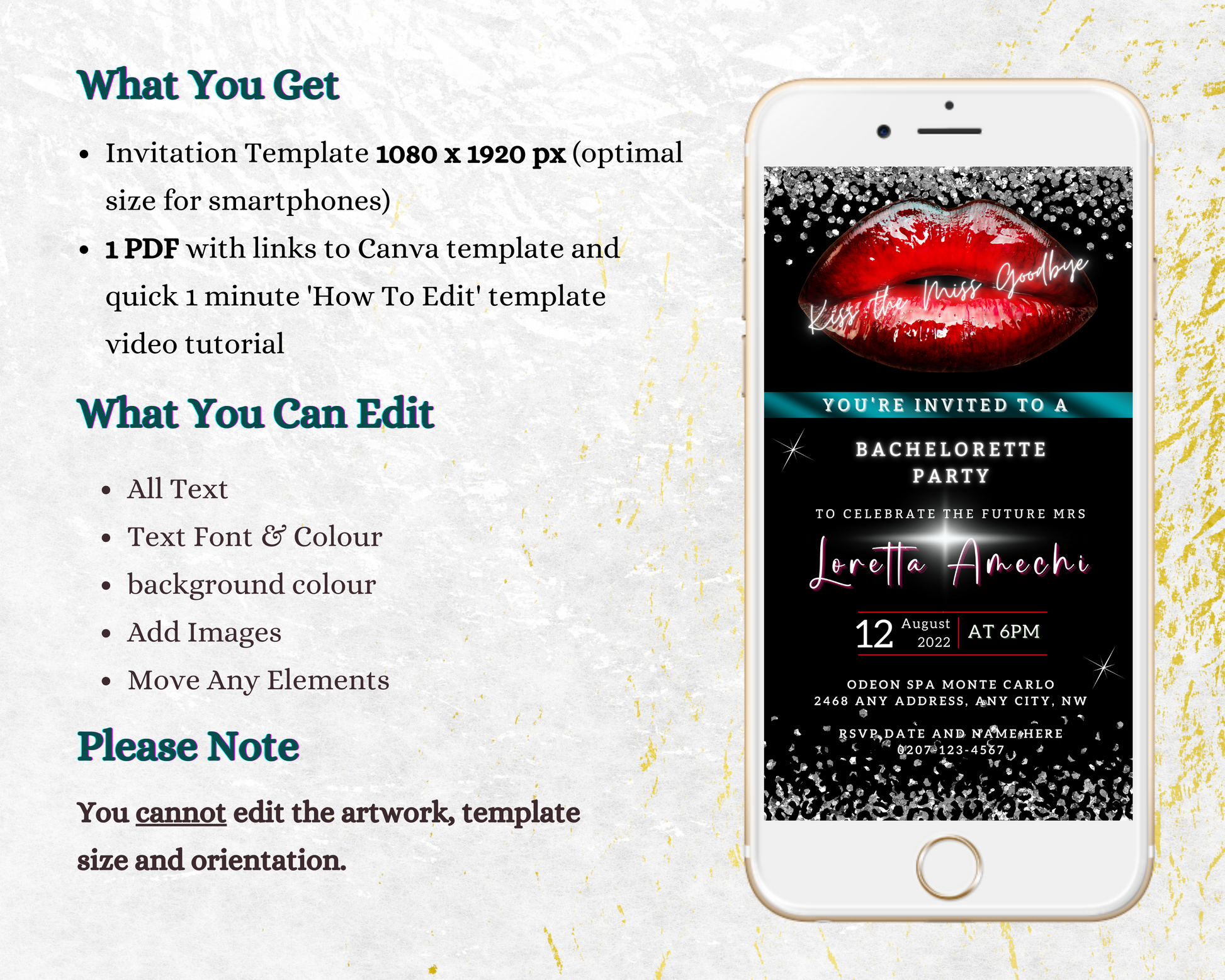 Customizable Red Hot Lips Teal Silver Glitter Bachelorette Party Evite on a smartphone screen, showcasing a lips photo and editable invitation template.