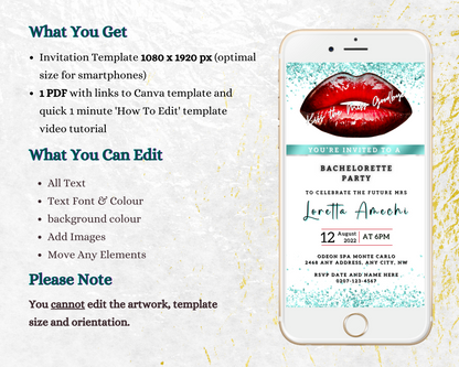 Smartphone displaying customizable Red Hot Lips White Teal Glitter Bachelorette Party Evite, designed for easy personalization and digital sharing via text, email, or messaging apps.