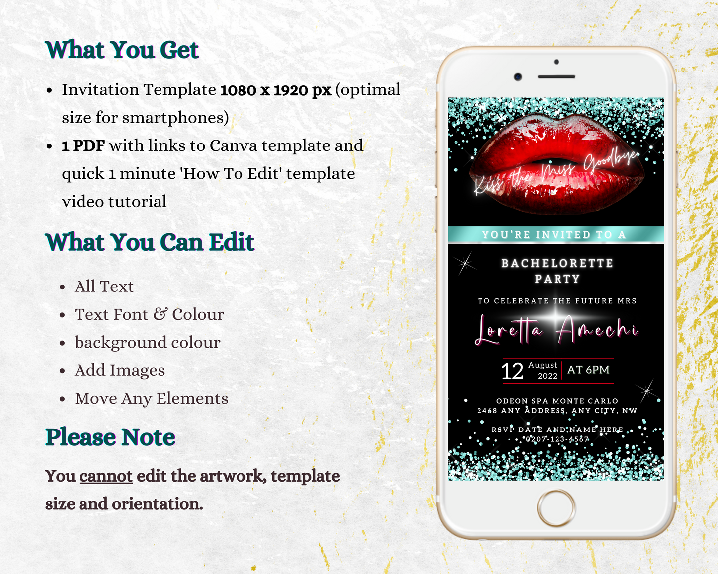 Customisable Digital Red Hot Lips Teal Glitter Bachelorette Party Evite displayed on a smartphone screen, featuring a close-up of red lips.