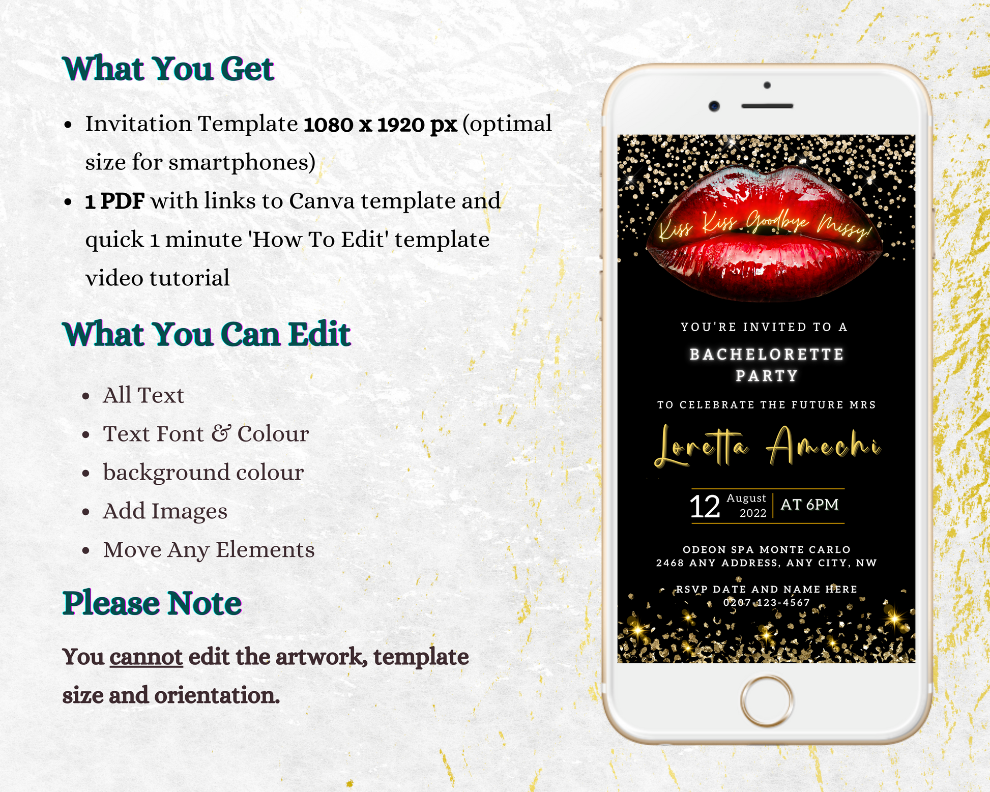 Customizable digital bachelorette party invitation featuring hot red lips and gold glitter, displayed on a smartphone screen with editable text and elements.
