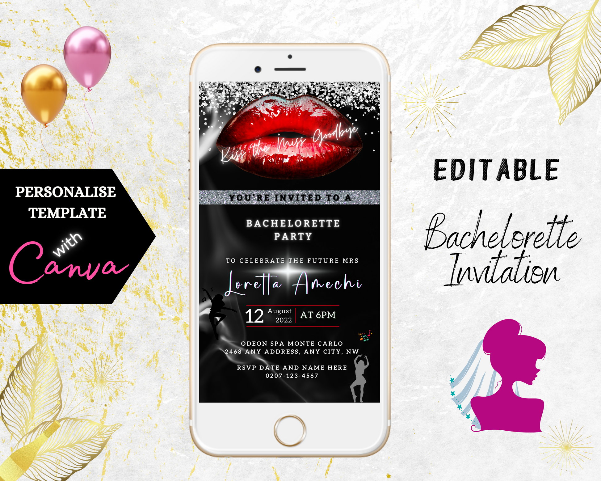 Customizable Digital Red Hot Lips Black Silver Glitter Bachelorette Party Evite displayed on a smartphone screen, showcasing editable text and vibrant design elements.