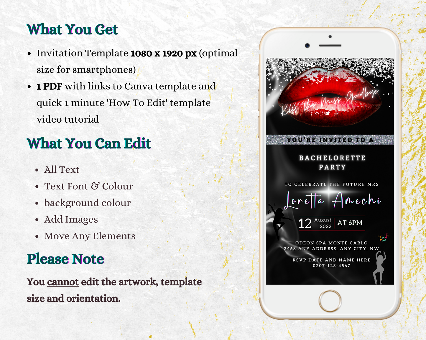 Customizable Red Hot Lips Glitter Bachelorette Party Evite displayed on a smartphone screen, featuring editable text and design elements for personalizing invitations.