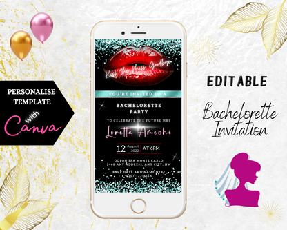 White smartphone displaying a red lips design on screen, promoting the customizable Red Hot Lips Teal Glitter | Bachelorette Party Evite template.