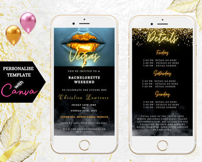 Smoking Silver Gold Hot Lips Neon invitation template with customizable text on a smartphone screen, featuring celebratory balloons. Ideal for bachelorette parties, editable via Canva.