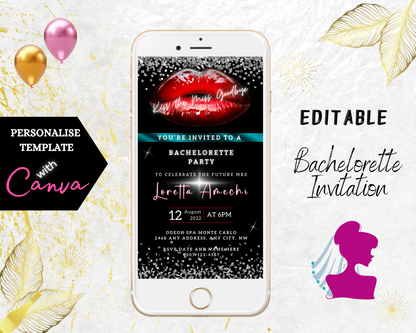 Customizable Red Hot Lips Bachelorette Party Evite displayed on a smartphone screen with editable text, available for instant download and personalization via Canva.