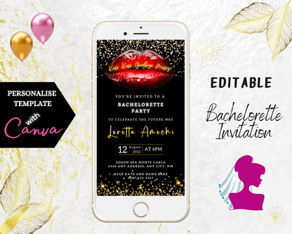 Customizable Hot Red Lips Gold Glitter Bachelorette Party Evite displayed on a smartphone screen, featuring editable text through Canva. Ideal for digital invitations via various messaging apps.
