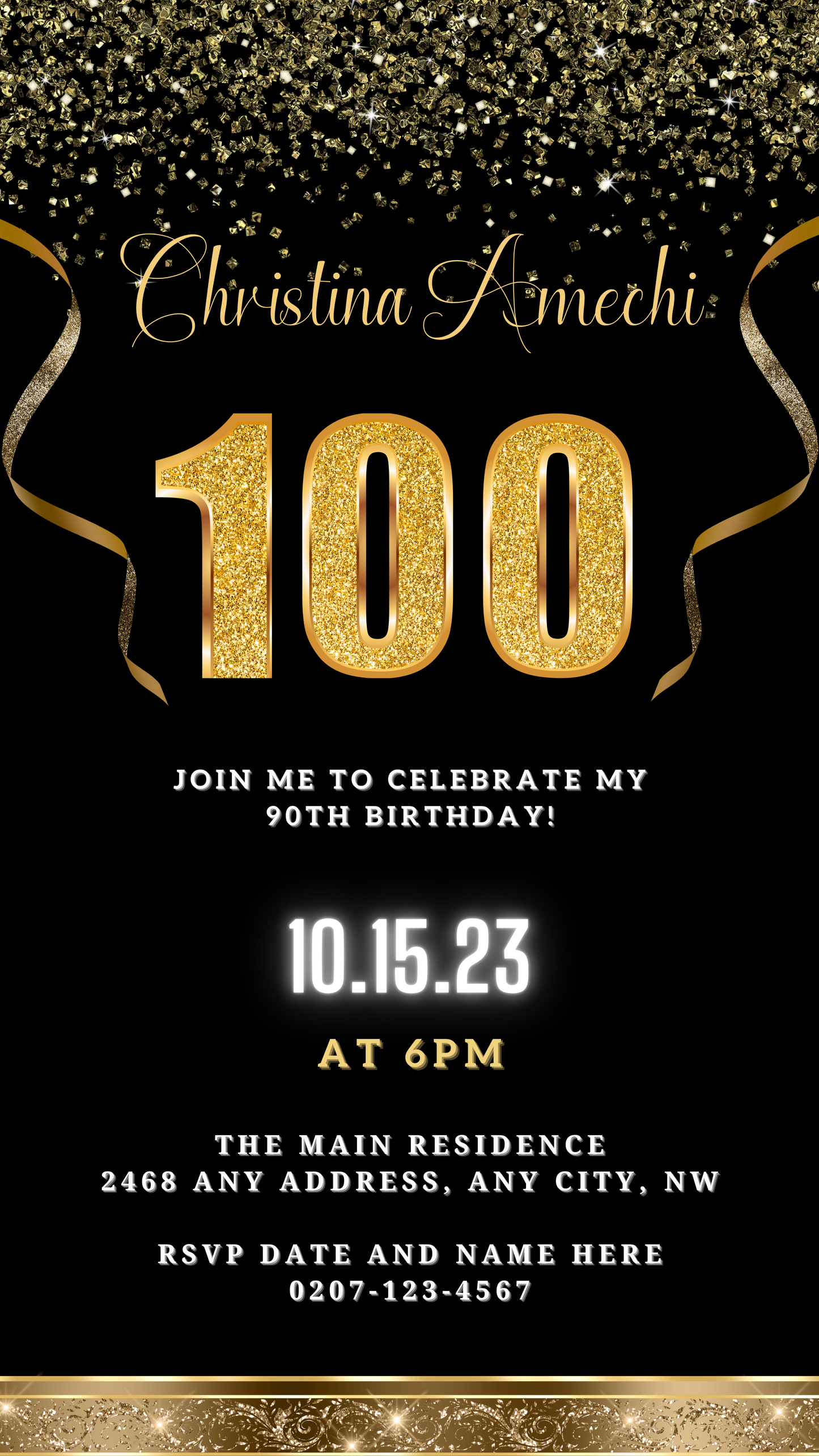 Black Gold Confetti 100th Birthday Evite with gold ribbons and customizable details, designed for digital sharing via smartphone, email, or messenger apps.