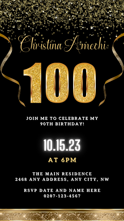 Black Gold Confetti 100th Birthday Evite with gold ribbons and customizable details, designed for digital sharing via smartphone, email, or messenger apps.