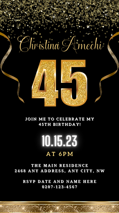 Black Gold Confetti 45th Birthday Evite with gold text and ribbons, customizable digital invitation template for smartphones, editable via Canva.