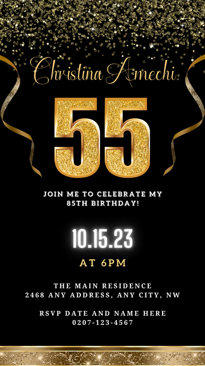 Customizable Black Gold Confetti 55th Birthday Evite with gold ribbons and numbers, downloadable for smartphone editing via Canva.