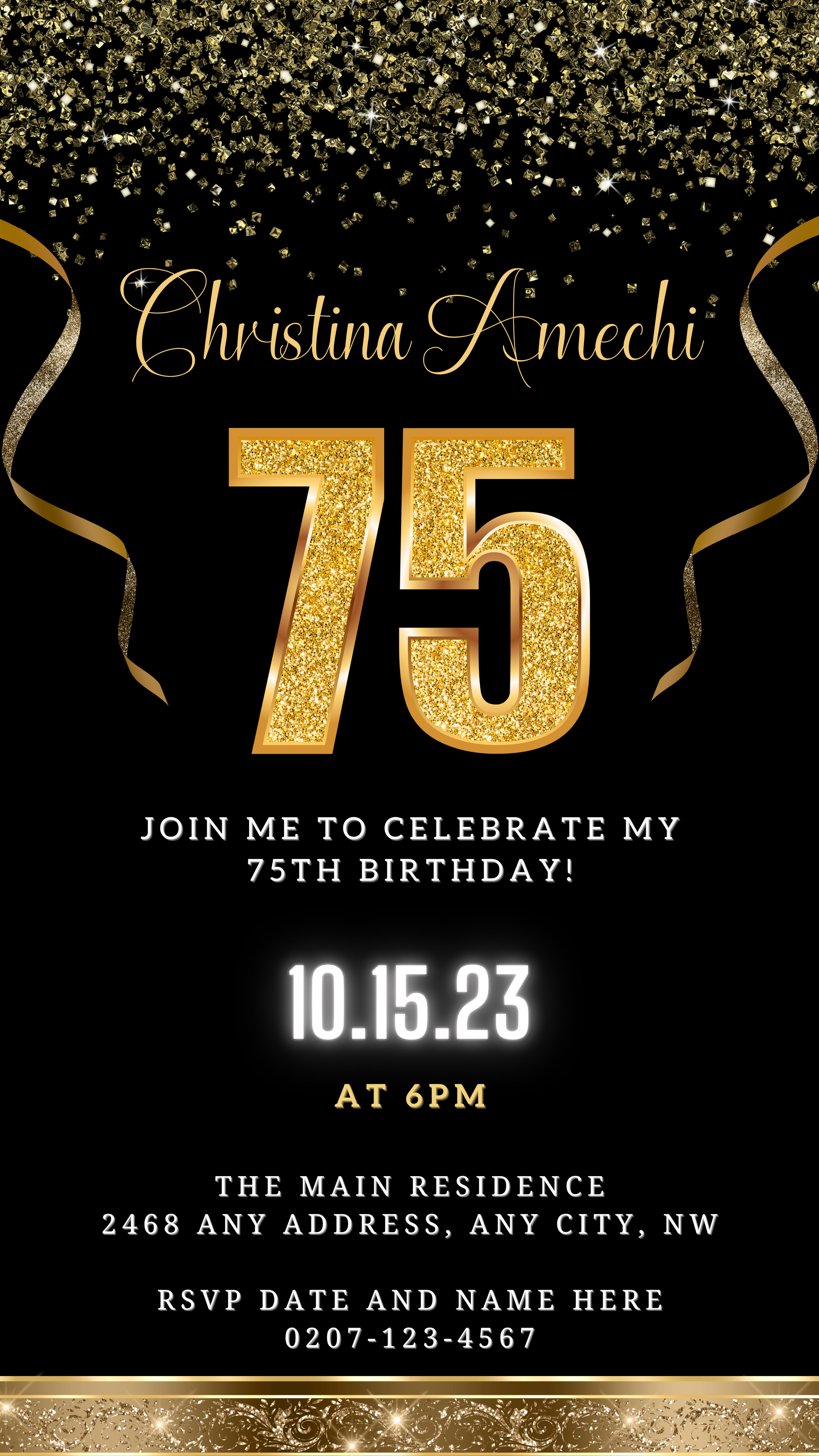 Black Gold Confetti | 75th Birthday Evite featuring customizable gold text and ribbons on a black background, designed for easy personalization via Canva for smartphone sharing.