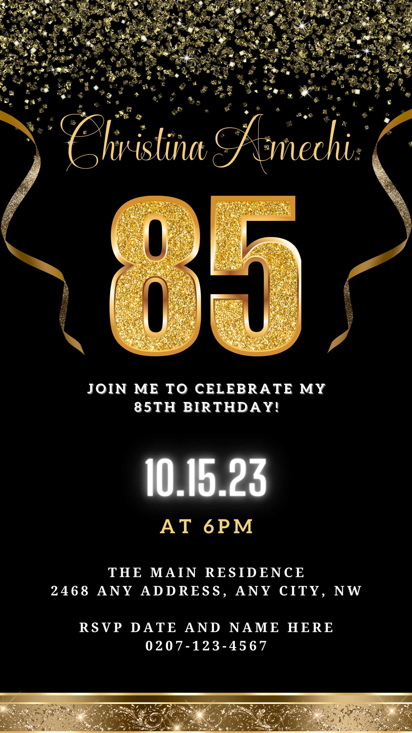 Black Gold Confetti 85th Birthday Evite with gold text and ribbons, customizable via Canva for digital sharing.