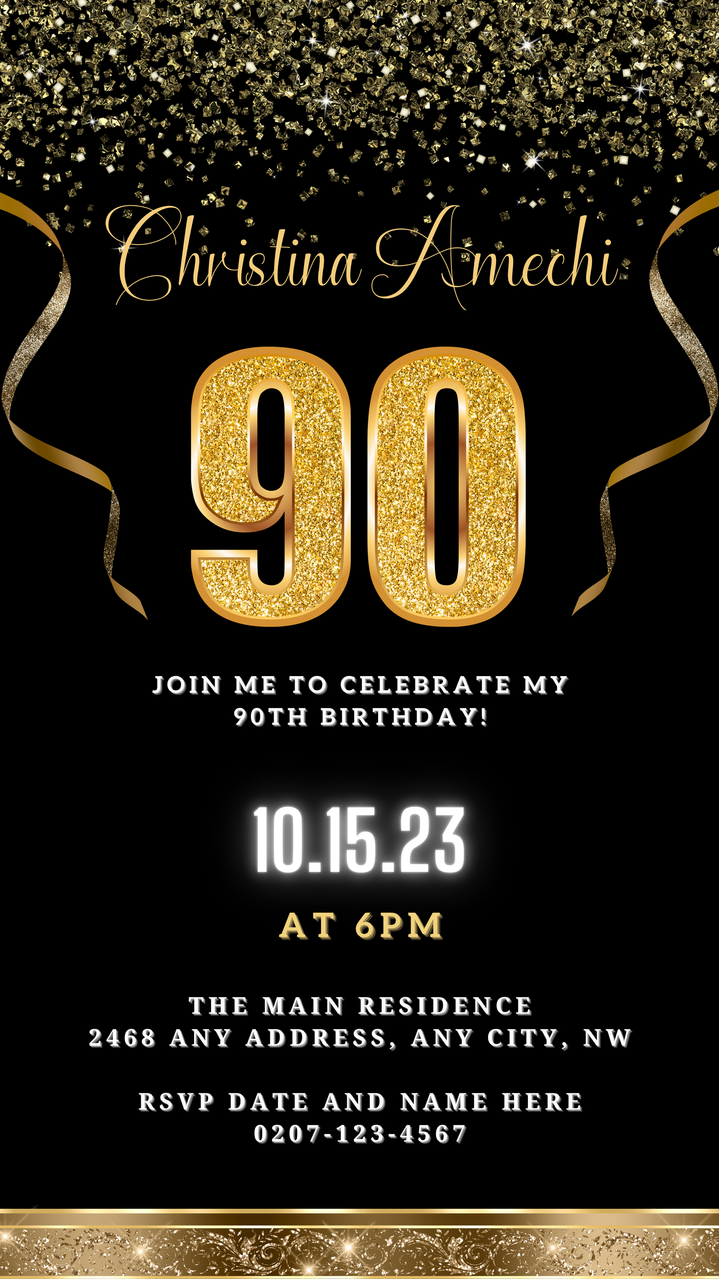 Black Gold Confetti | 90th Birthday Evite featuring customizable gold text and glittery ribbons on a black background. Editable via Canva for digital sharing.